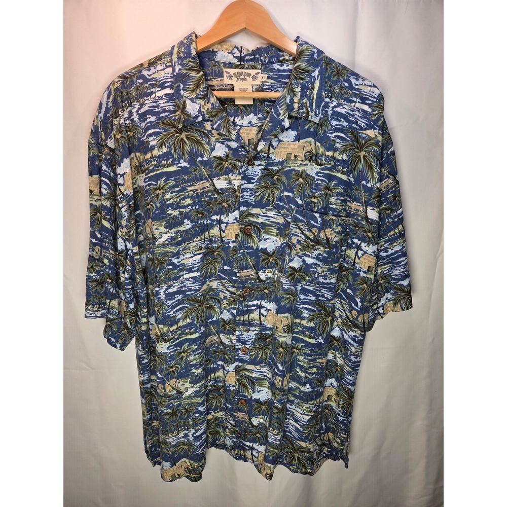 Hawaiian Tropic Men's‎ Blue Palm Trees XL Short Sleeve Button Down Shirt Beach